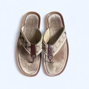 Vintage Coach Tan Leather Canvas Logo Sandals Flip Flops Men's Size 11